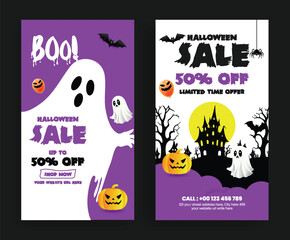 Scary Halloween Social Media Banner Stories Set with Trick or Treat Event Illustration Background, Discount Offer Template, and Creative Vertical Ads Promotion Design