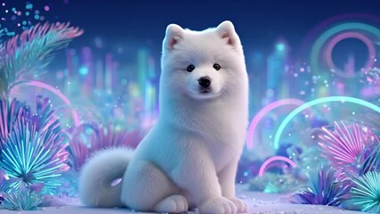 3D Animated Stylized Fluffy White Puppy Sitting in a Dreamy Neon Landscape