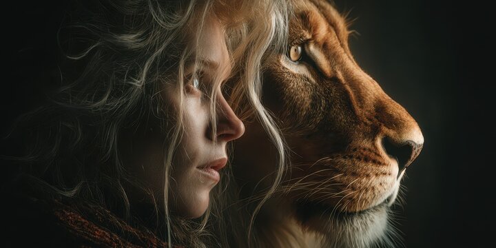 Merging of human and lion in a striking artistic portrayal of strength and spirit