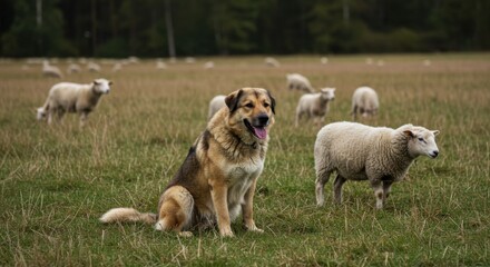 Naklejka premium Livestock Guardian Dog Watching Over Sheep in Countryside