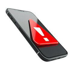 Smartphone displaying a red warning exclamation mark symbol isolated on transparent background