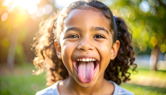 Happy girl sticking tongue out with park. - Powered by Adobe