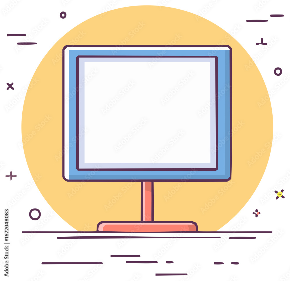Poster cartoon vector icon of a desktop computer with a blank white display screen for copy space