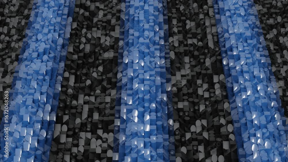 Poster 3d abstract background with dark gray square columns rising in wave motion and transforming color in