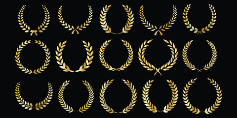 Set of black silhouette circular laurel foliate, wheat and oak wreaths depicting an award, achievement, heraldry, nobility on white background. Emblem ...