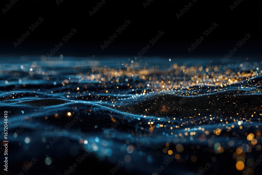 Poster dynamic abstract waves with shimmering golden and blue light particles on dark background.