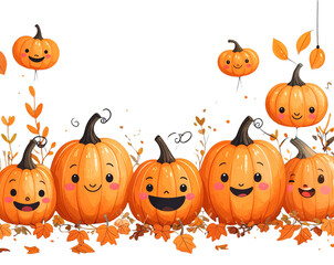 Row of Smiling Cartoon Pumpkins Border, isolated on transparent background