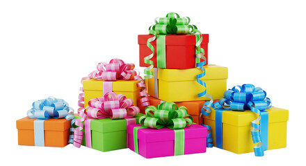 A pile of gifts decorated with colorful ribbons in vibrant colors. An ideal visual for birthdays, holidays, or special occasions. Isolated on a transparent background, png.