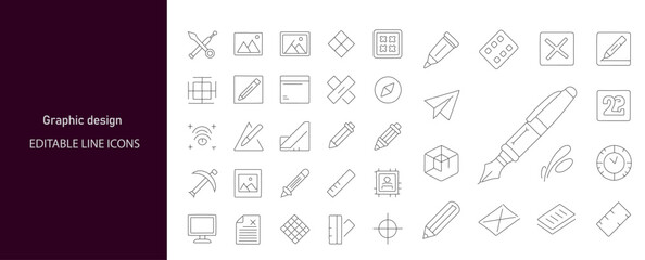 Graphic Design icon set. Containing pen tool, color palette, typography, layers, ruler, vector shapes, crop, grid, alignment, swatches, and more. Editable line icons. Vector illustration