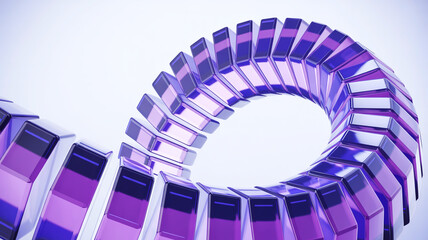 3D spiral of glossy purple-blue translucent cubes on white background