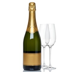 champagne bottle with two flutes for new year's eve, isolated on white background