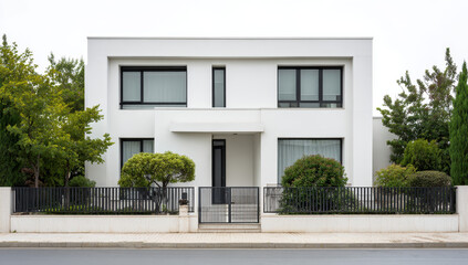 Fototapeta premium Modern Minimalist Two-Story White House with Garden and Fence