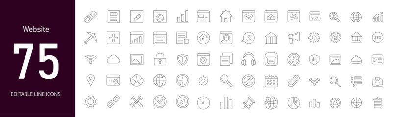 Website icon set. Containing homepage, sitemap, browser, SSL, domain, hosting, server, responsive design, login page, landing page, analytics, and more. Editable line icons. Vector illustration