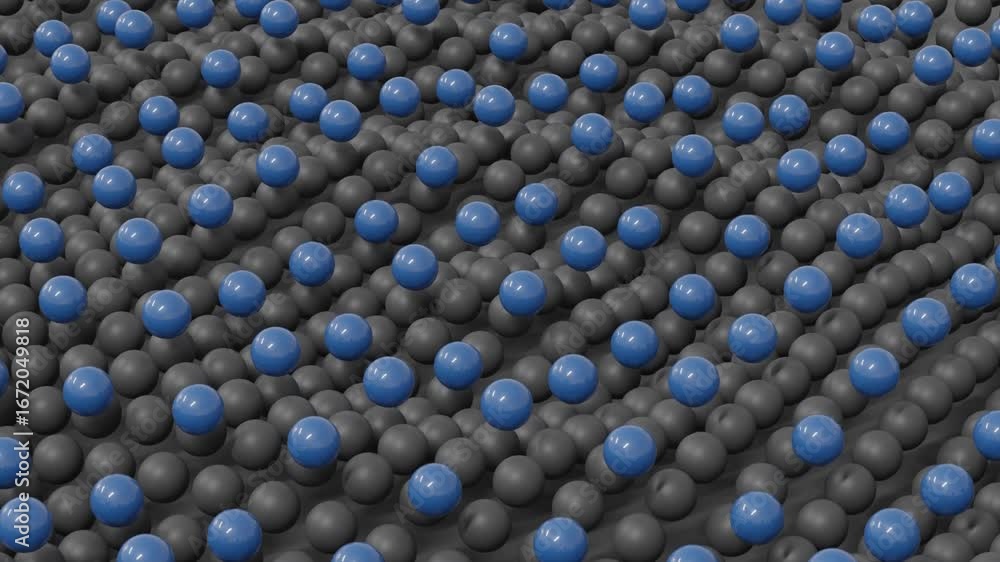 Poster 3d abstract background showing dynamic wave surface made of geometric forms with glowing blue spheres floating above dark gray spheres, creating futuristic minimal motion pattern