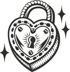 Heart shaped padlock with keyhole, vintage engraving design love, security, romantic charm, retro illustration, protection