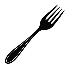 Simple black silhouette of a four tined fork on a white background