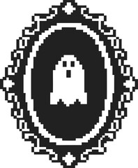 Obraz premium Retro pixel ghost in ornate vintage frame monochrome pixel art haunted portrait sign, old school halloween spooky symbol