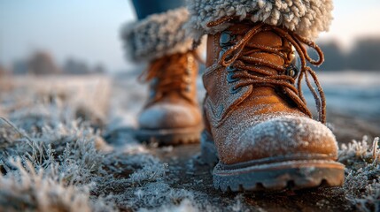 Frosted hiking boots on a chilly winter trail in a serene outdoor landscape during early morning light