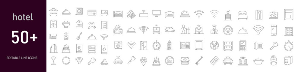 Hotel icon set. Containing bed, key, reception, breakfast, room service, swimming pool, Wi-Fi, gym, laundry, spa, parking, and more. Editable line icons. Vector illustration