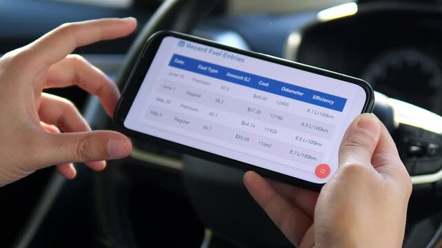 A driver's hands hold a phone displaying a fuel cost tracking application, contemplating expenses. This video is perfect for content on budgeting, car ownership costs, and financial apps.
