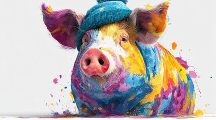Colorful pig wearing a blue hat showcases artistic expression in a playful setting