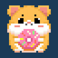 Cute Pixel Art Hamster Holding Donut Illustration