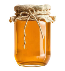 Glass Jar of Golden Honey with Rustic Burlap Cover Isolated