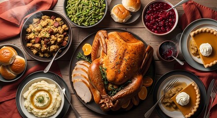 A beautifully prepared Thanksgiving dinner spread featuring a roasted turkey, mashed potatoes, stuffing, green beans, cranberry sauce, and pumpkin pie.