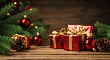 Christmas Background with Ornaments, Gifts, and Pinecones