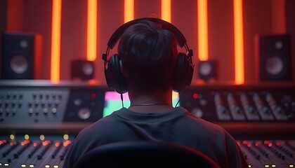Music producer working in a modern recording studio with dim lighting, colorful sound boards, and focused on mixing tracks Generative AI