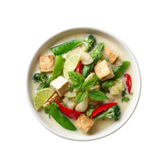Delicious Vegan Green Curry with Tofu and Vegetables in a White Bowl
