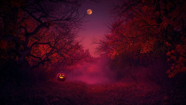 Halloween background with pumpkins in the forest at night with full moon. 