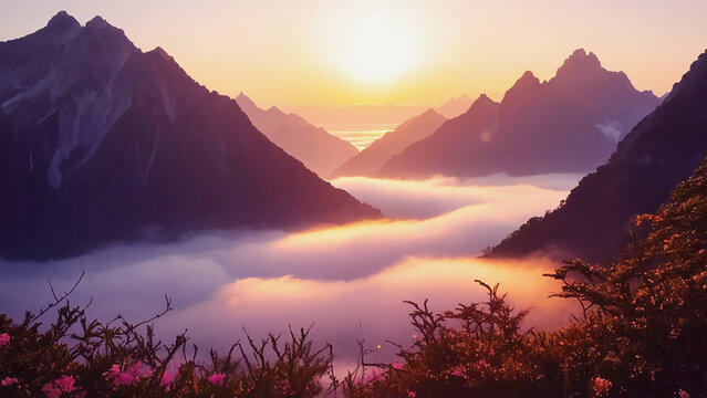 Majestic Mountain Range Above Foggy Valley at Sunset