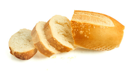 Cut bread roll with even slices prepared for plating or toasting isolated on white background
