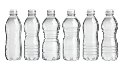 Set of empty water plastic bottles isolated on transparent background
