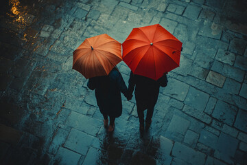 Generative AI romantic couple walking under umbrella during heavy rain on quiet forest city park street road