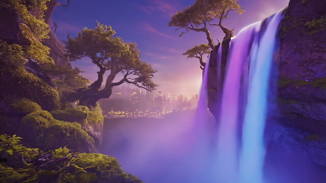 Scenic Waterfall Cascading Near Cityscape at Sunset with Mossy Cliffs