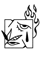 Abstract face with a tear, flames, and leaves, a surreal expression