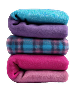 Colorful stack of soft fleece blankets in turquoise purple magenta and lavender with textured and plaid patterns folded neatly on transparent background.
