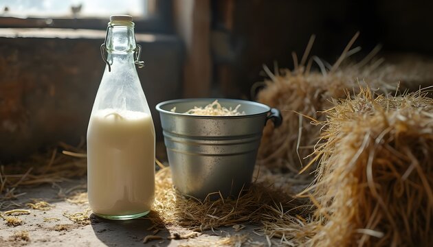 Freshly collected milk bottle next to feed bucket in a rustic barn environment during daylight hours Generative AI
