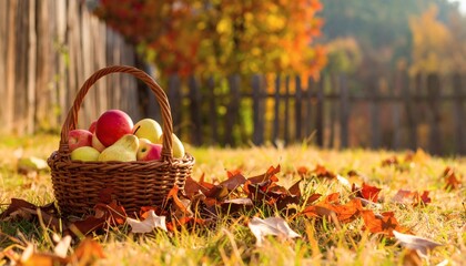 Basket full of fresh apples and pears placed on grass with scattered fall leaves