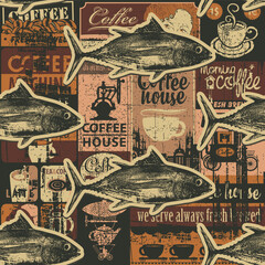 Vector seamless pattern with realistic tuna on the background of posters for coffee shop. Wallpaper, fabric, print, wrapping paper, t-shirt design. Signboard for cafe or restaurant. No ai