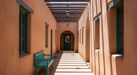 Long adobe corridor with wood beams and a wooden bench, featuring the Pueblo Revival architectural style of New Mexico.