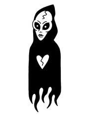 Ghost character with a broken heart, a spooky and sad illustration