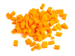 Diced butternut squash pieces arranged as a cooking ingredient representing meal prep efficiency...