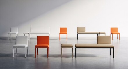 Modern furniture arrangement featuring chairs and benches against a white wall, showcasing design.