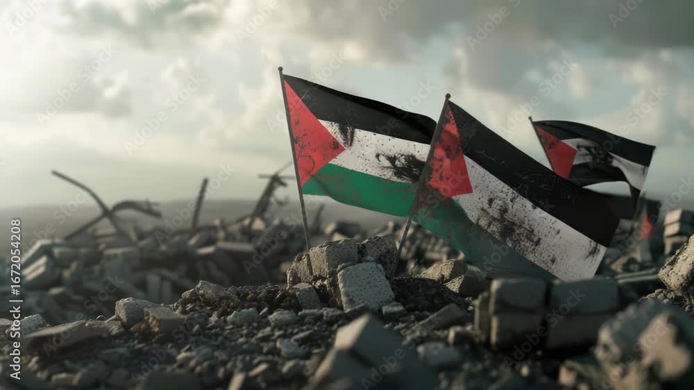 Poster a pile of rubble with flags placed on top, suitable for use in conceptual or metaphorical contexts