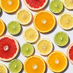 Obraz premium Overhead view showcasing various citrus fruit slices arranged on a white surface.