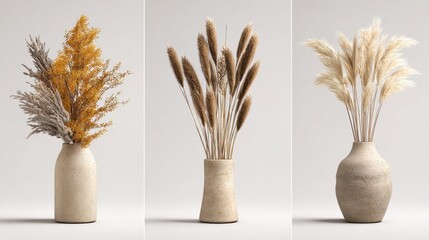 Tall Vase. Dry Pampas Grass Ears in Clay Vase. Interior Decor Set. Isolated 3D Views