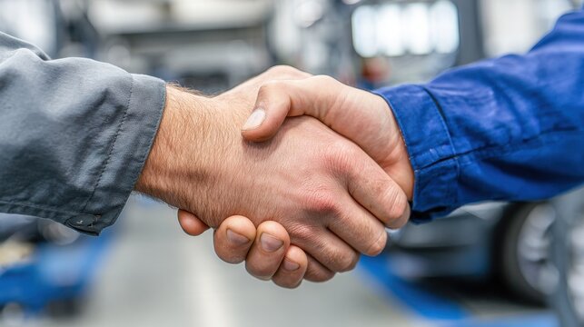 Technician Handshake. Car Mechanic and Man Sealing a Deal at Auto Repair Shop